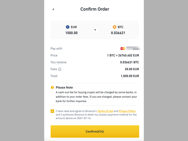 Binance card payment confirmation